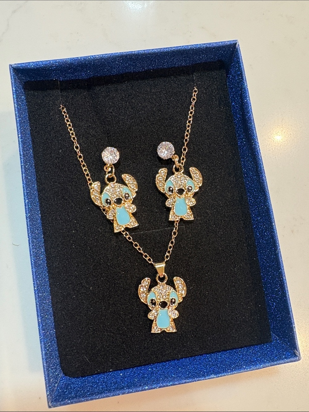 Gold-Tone Blue Enamel Crystal Stitch-Necklace and Earring Set